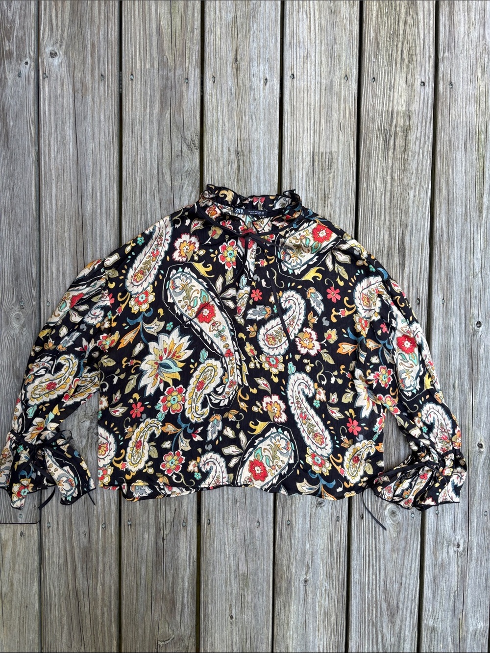 ZARA | Black Boho Chic Paisley Floral Tie Neck Ruffle Romantic Goth Blouse | S